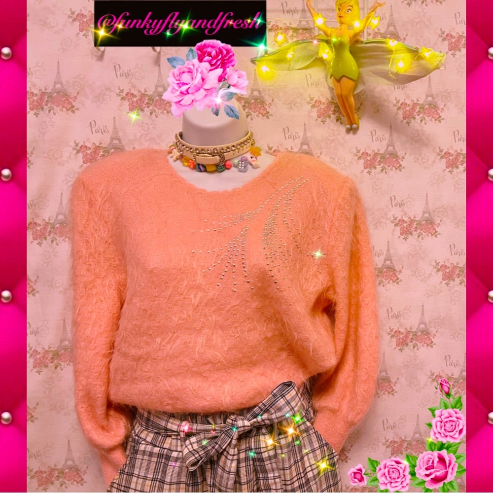Rola vintage pink long sleeve w/ silver bling mohair angora Lana wool M sweater